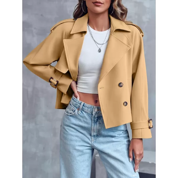 Saodimallsu Women Crop Double Breasted Trench Coat Raglan Sleeve Work Office Cropped Jacket With PocketsKhaki