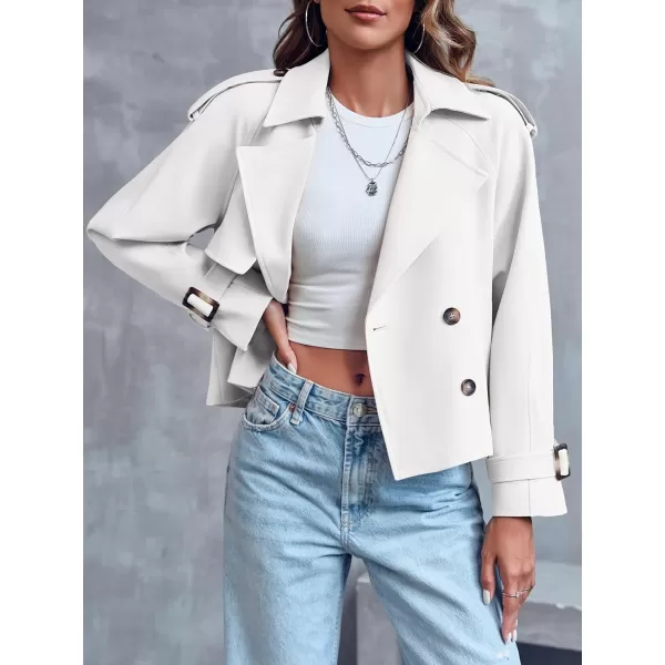 Saodimallsu Women Crop Double Breasted Trench Coat Raglan Sleeve Work Office Cropped Jacket With PocketsWhite