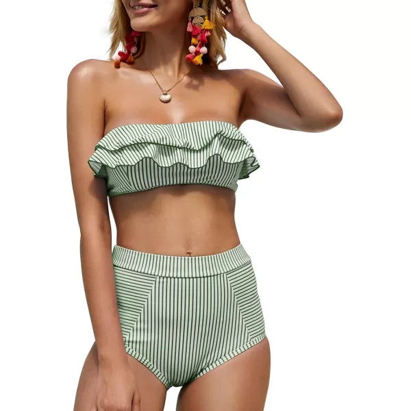 Saodimallsu Women High Waisted 2 Piece Bikini Set Bandeau Ruffle Swimsuit Top Striped Bathing SuitsArmy Green