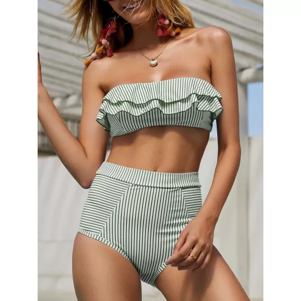 Saodimallsu Women High Waisted 2 Piece Bikini Set Bandeau Ruffle Swimsuit Top Striped Bathing SuitsArmy Green