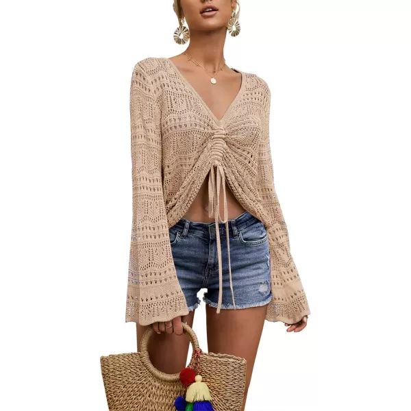 Saodimallsu Womens Boho Off Shoulder Sheer Crop Tops Bell Sleeve Flowy Oversized Crochet Ruched Pullover SweatersApricot