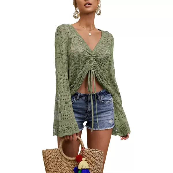 Saodimallsu Womens Boho Off Shoulder Sheer Crop Tops Bell Sleeve Flowy Oversized Crochet Ruched Pullover SweatersArmy Green