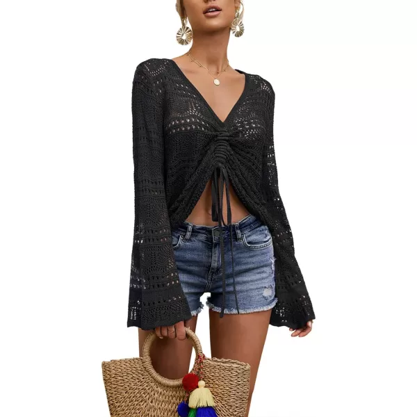 Saodimallsu Womens Boho Off Shoulder Sheer Crop Tops Bell Sleeve Flowy Oversized Crochet Ruched Pullover SweatersBlack