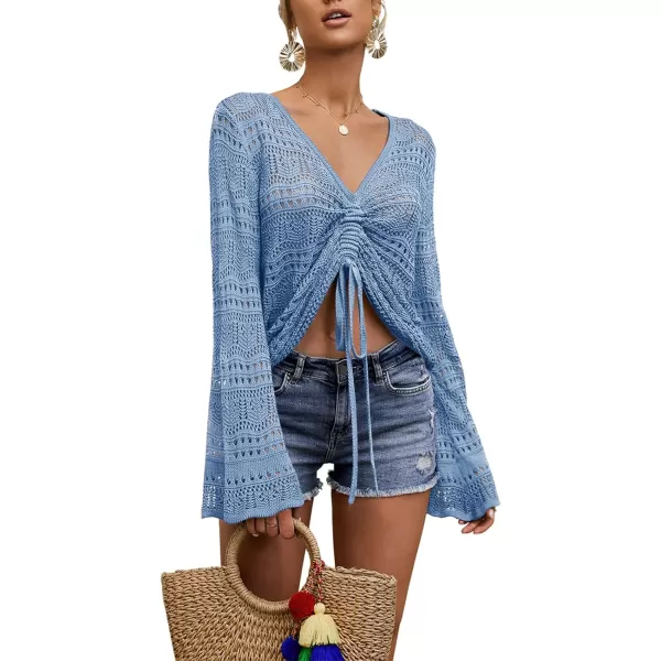 Saodimallsu Womens Boho Off Shoulder Sheer Crop Tops Bell Sleeve Flowy Oversized Crochet Ruched Pullover SweatersBlue