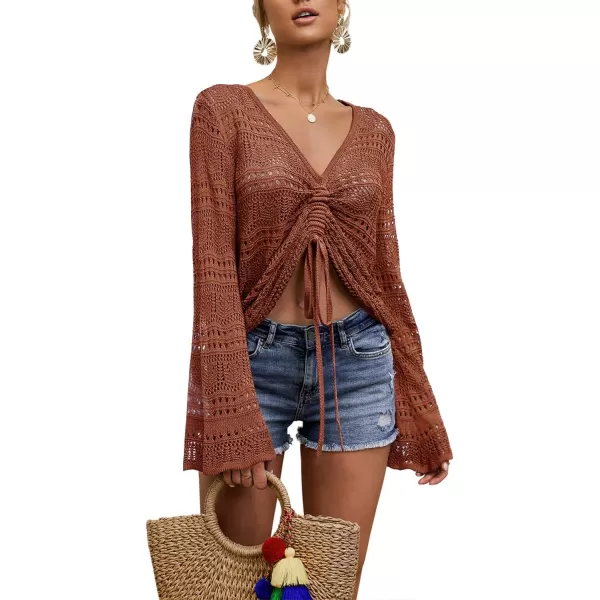 Saodimallsu Womens Boho Off Shoulder Sheer Crop Tops Bell Sleeve Flowy Oversized Crochet Ruched Pullover SweatersBrick Red