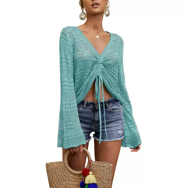 Saodimallsu Womens Boho Off Shoulder Sheer Crop Tops Bell Sleeve Flowy Oversized Crochet Ruched Pullover SweatersGreen