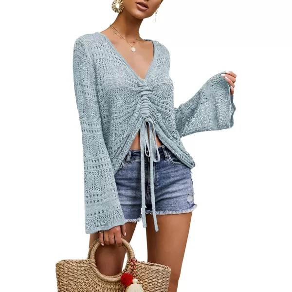 Saodimallsu Womens Boho Off Shoulder Sheer Crop Tops Bell Sleeve Flowy Oversized Crochet Ruched Pullover SweatersLight Blue