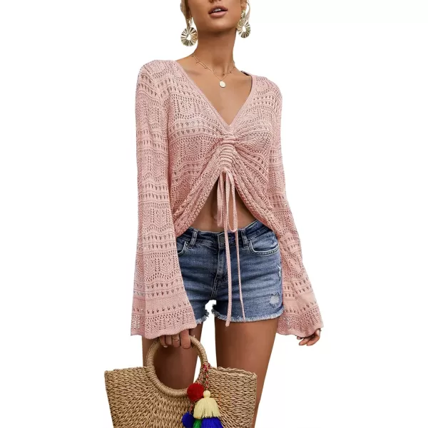 Saodimallsu Womens Boho Off Shoulder Sheer Crop Tops Bell Sleeve Flowy Oversized Crochet Ruched Pullover SweatersLight Pink