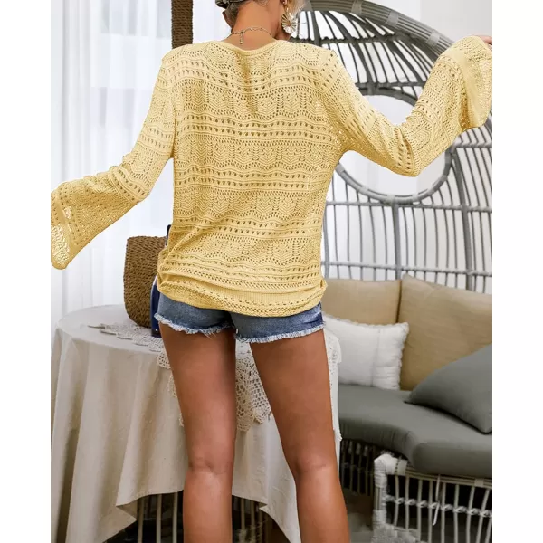 Saodimallsu Womens Boho Off Shoulder Sheer Crop Tops Bell Sleeve Flowy Oversized Crochet Ruched Pullover SweatersLight Yellow 1