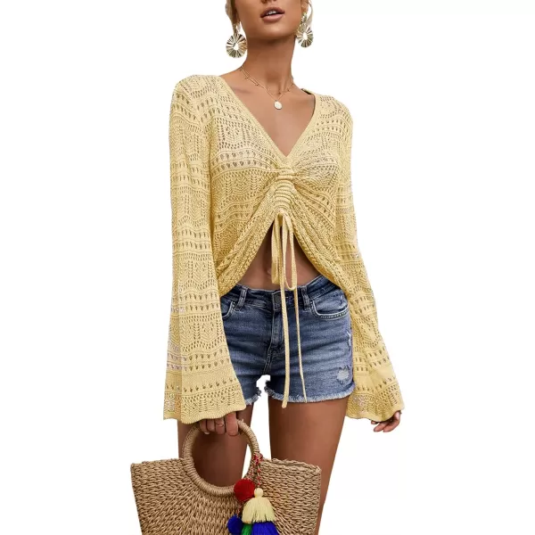 Saodimallsu Womens Boho Off Shoulder Sheer Crop Tops Bell Sleeve Flowy Oversized Crochet Ruched Pullover SweatersLight Yellow 1