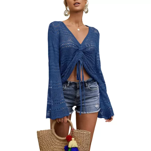 Saodimallsu Womens Boho Off Shoulder Sheer Crop Tops Bell Sleeve Flowy Oversized Crochet Ruched Pullover SweatersNavy