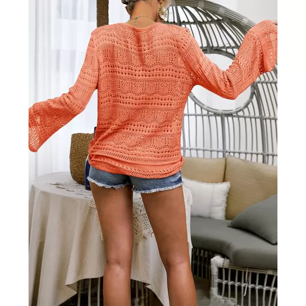 Saodimallsu Womens Boho Off Shoulder Sheer Crop Tops Bell Sleeve Flowy Oversized Crochet Ruched Pullover SweatersOrange