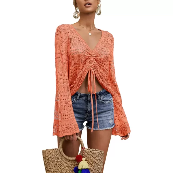 Saodimallsu Womens Boho Off Shoulder Sheer Crop Tops Bell Sleeve Flowy Oversized Crochet Ruched Pullover SweatersOrange