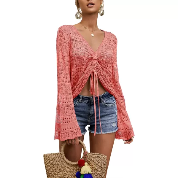 Saodimallsu Womens Boho Off Shoulder Sheer Crop Tops Bell Sleeve Flowy Oversized Crochet Ruched Pullover SweatersRed