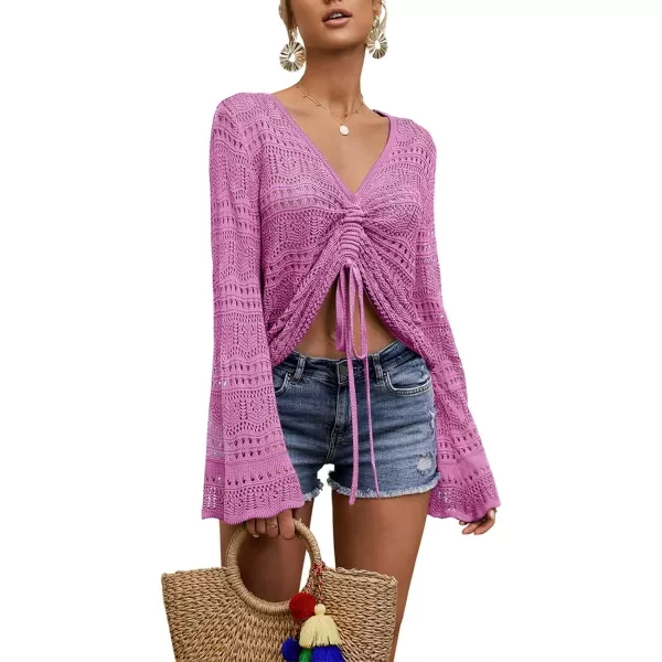 Saodimallsu Womens Boho Off Shoulder Sheer Crop Tops Bell Sleeve Flowy Oversized Crochet Ruched Pullover SweatersRose