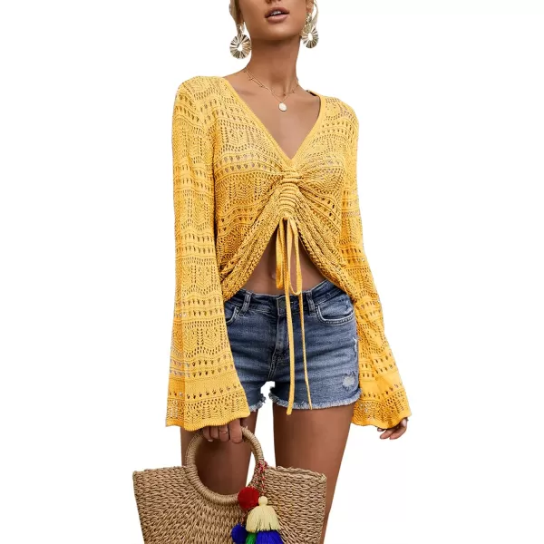 Saodimallsu Womens Boho Off Shoulder Sheer Crop Tops Bell Sleeve Flowy Oversized Crochet Ruched Pullover SweatersYellow