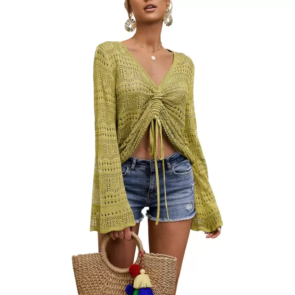 Saodimallsu Womens Boho Off Shoulder Sheer Crop Tops Bell Sleeve Flowy Oversized Crochet Ruched Pullover SweatersYellow Green