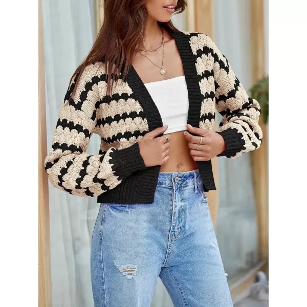 Saodimallsu Womens Cropped Cardigan Striped Open Front Long Lantern Sleeve Color Block Loose Chunky Knit Sweater CoatBlack