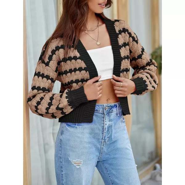 Saodimallsu Womens Cropped Cardigan Striped Open Front Long Lantern Sleeve Color Block Loose Chunky Knit Sweater CoatBrown