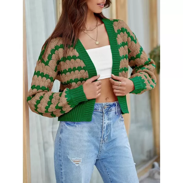 Saodimallsu Womens Cropped Cardigan Striped Open Front Long Lantern Sleeve Color Block Loose Chunky Knit Sweater CoatGreen