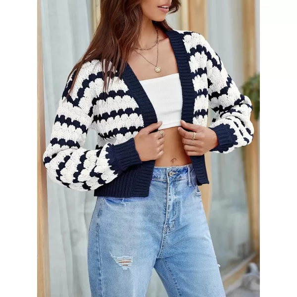 Saodimallsu Womens Cropped Cardigan Striped Open Front Long Lantern Sleeve Color Block Loose Chunky Knit Sweater CoatNavy