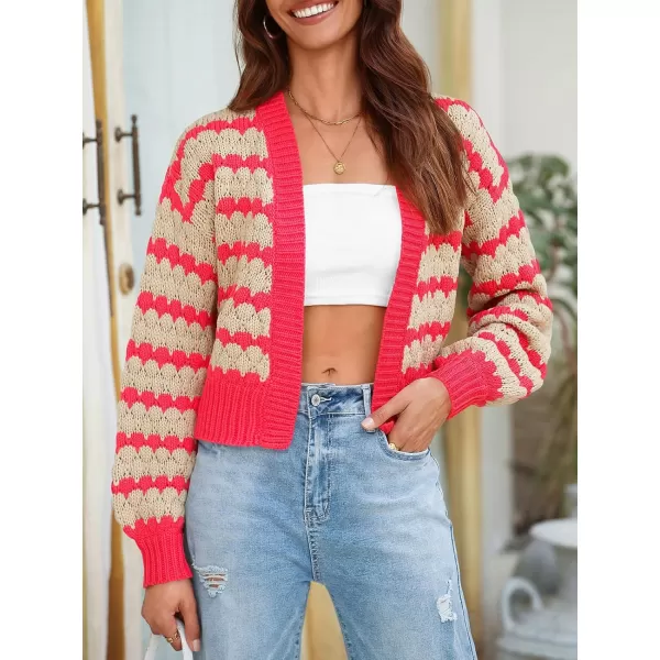 Saodimallsu Womens Cropped Cardigan Striped Open Front Long Lantern Sleeve Color Block Loose Chunky Knit Sweater CoatRose