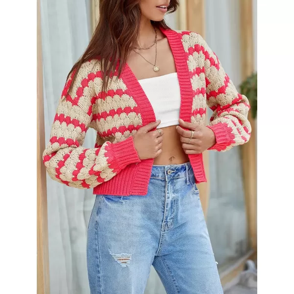 Saodimallsu Womens Cropped Cardigan Striped Open Front Long Lantern Sleeve Color Block Loose Chunky Knit Sweater CoatRose