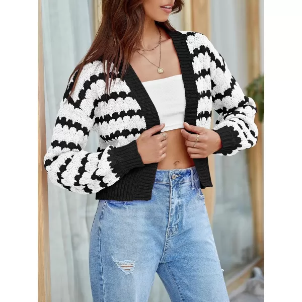 Saodimallsu Womens Cropped Cardigan Striped Open Front Long Lantern Sleeve Color Block Loose Chunky Knit Sweater CoatWhite