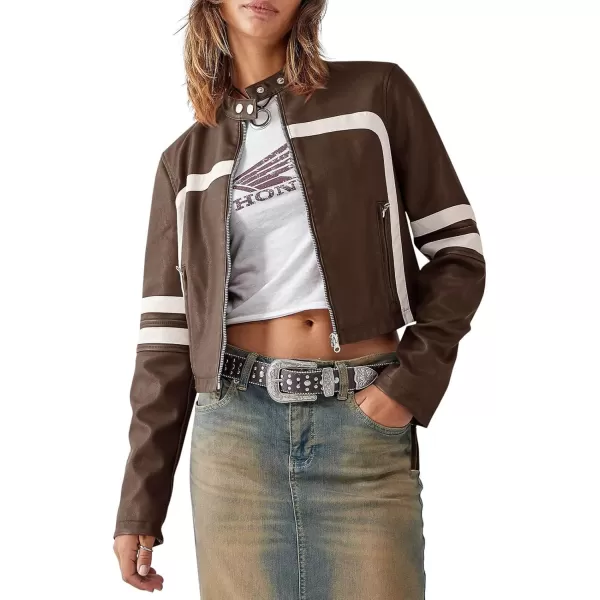 Saodimallsu Womens Faux Leather Jackets Zip Up Stand Collar Cropped Motocross PU CoatsBrown