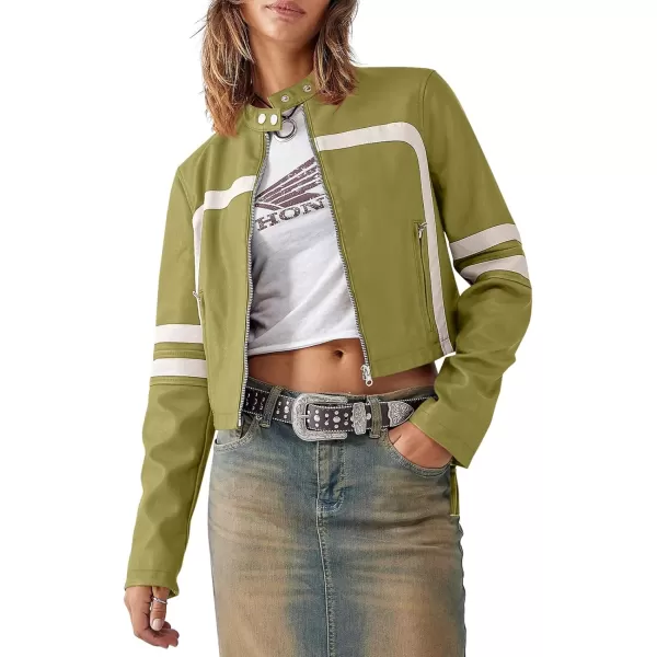 Saodimallsu Womens Faux Leather Jackets Zip Up Stand Collar Cropped Motocross PU CoatsGreen