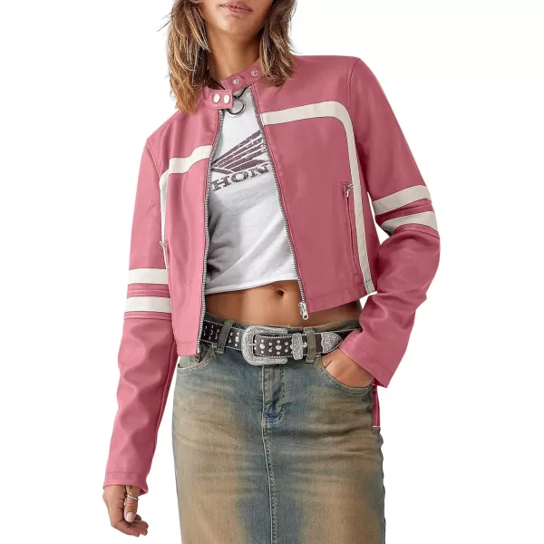 Saodimallsu Womens Faux Leather Jackets Zip Up Stand Collar Cropped Motocross PU CoatsPink