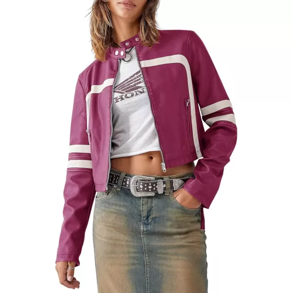 Saodimallsu Womens Faux Leather Jackets Zip Up Stand Collar Cropped Motocross PU CoatsPurple