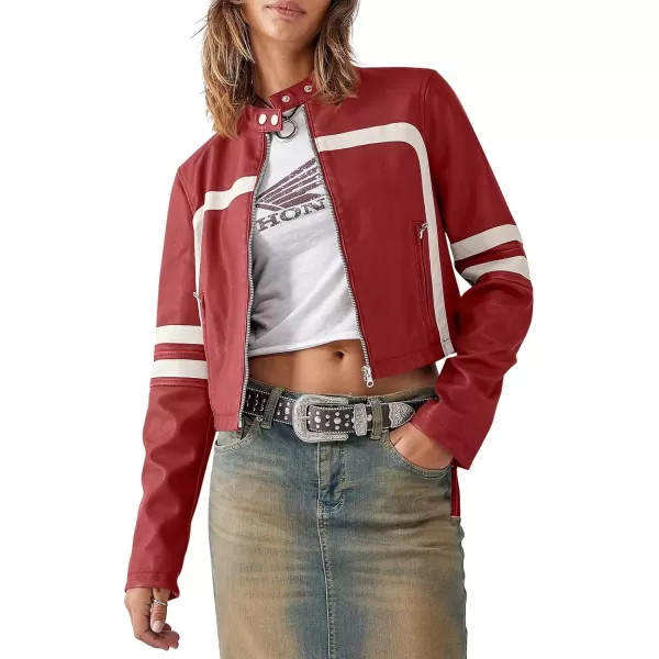 Saodimallsu Womens Faux Leather Jackets Zip Up Stand Collar Cropped Motocross PU CoatsRed