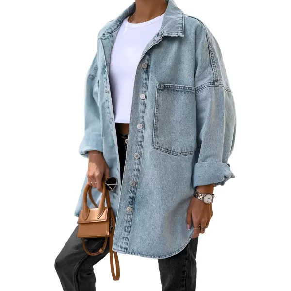 Saodimallsu Womens Oversized Denim Jackets Casual Button Down Long Boyfriend Jean Coats with PocketsBlue