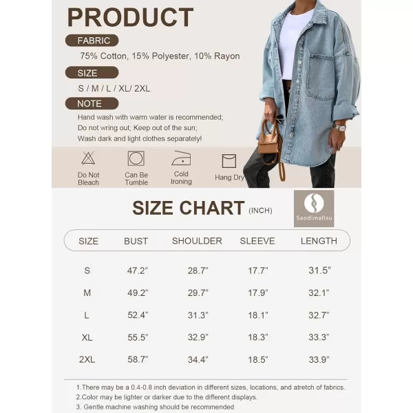 Saodimallsu Womens Oversized Denim Jackets Casual Button Down Long Boyfriend Jean Coats with PocketsJean Blue