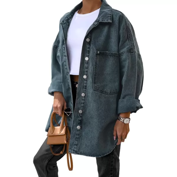 Saodimallsu Womens Oversized Denim Jackets Casual Button Down Long Boyfriend Jean Coats with PocketsNavy