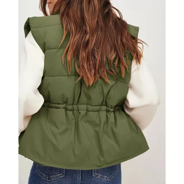 Saodimallsu Womens Puffer Vest Stand Collar Button Down Padded Jacket with Drawstring WaistArmy Green