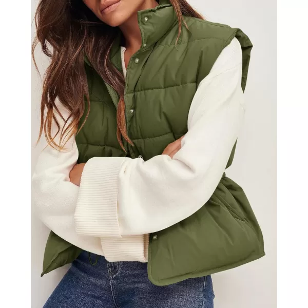 Saodimallsu Womens Puffer Vest Stand Collar Button Down Padded Jacket with Drawstring WaistArmy Green