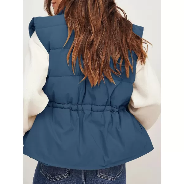 Saodimallsu Womens Puffer Vest Stand Collar Button Down Padded Jacket with Drawstring WaistNavy