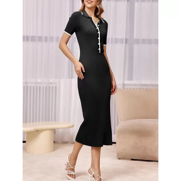 Saodimallsu Womens Short Sleeve Maxi Dress Summer Bodycon Button V Neck Collared Knit Elegant Party Long Sweater DressesBlack