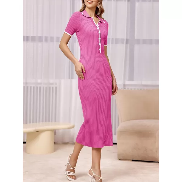 Saodimallsu Womens Short Sleeve Maxi Dress Summer Bodycon Button V Neck Collared Knit Elegant Party Long Sweater DressesPink