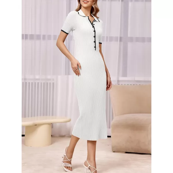 Saodimallsu Womens Short Sleeve Maxi Dress Summer Bodycon Button V Neck Collared Knit Elegant Party Long Sweater DressesWhite