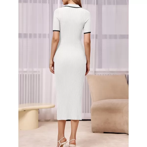 Saodimallsu Womens Short Sleeve Maxi Dress Summer Bodycon Button V Neck Collared Knit Elegant Party Long Sweater DressesWhite