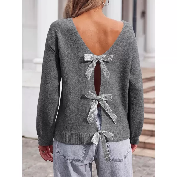 Saodimallsu Womens V Neck Long Sleeve Sweater Fall Trendy Sequin Bow Cropped Sexy Loose Knit Pullover Jumper TopsDark Grey