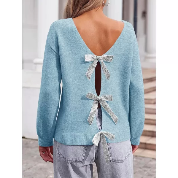 Saodimallsu Womens V Neck Long Sleeve Sweater Fall Trendy Sequin Bow Cropped Sexy Loose Knit Pullover Jumper TopsLight Blue