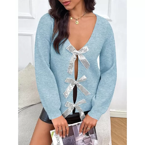 Saodimallsu Womens V Neck Long Sleeve Sweater Fall Trendy Sequin Bow Cropped Sexy Loose Knit Pullover Jumper TopsLight Blue