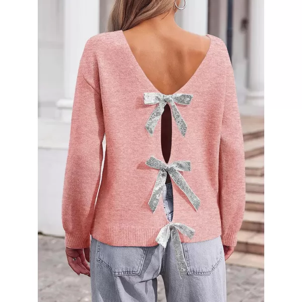 Saodimallsu Womens V Neck Long Sleeve Sweater Fall Trendy Sequin Bow Cropped Sexy Loose Knit Pullover Jumper TopsPink