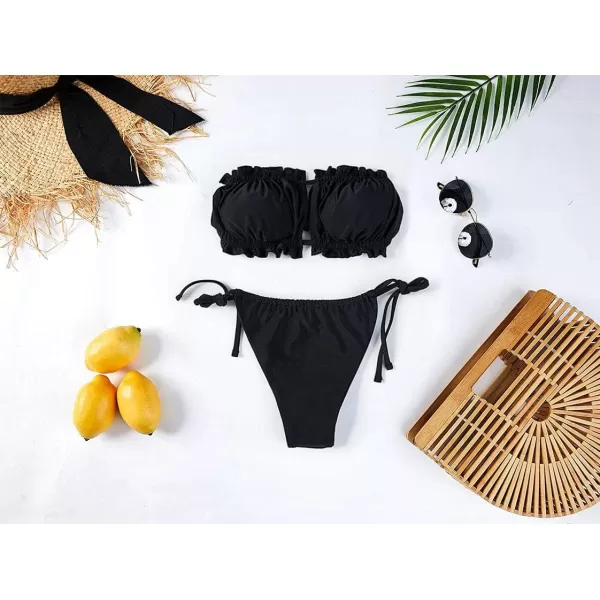 Womens Sexy Thong Swimsuits Strapless 2 Piece Bikini String Ruched Bandeau Tie Ruffle Brazilian Bathing Suit Black