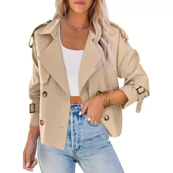 Saodimallsu Women Crop Double Breasted Trench Coat Raglan Sleeve Work Office Cropped Jacket With PocketsBeige