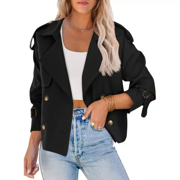 Saodimallsu Women Crop Double Breasted Trench Coat Raglan Sleeve Work Office Cropped Jacket With PocketsBlack